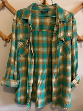 Kavu Teal and Mustard Plaid Button-Up Shirt